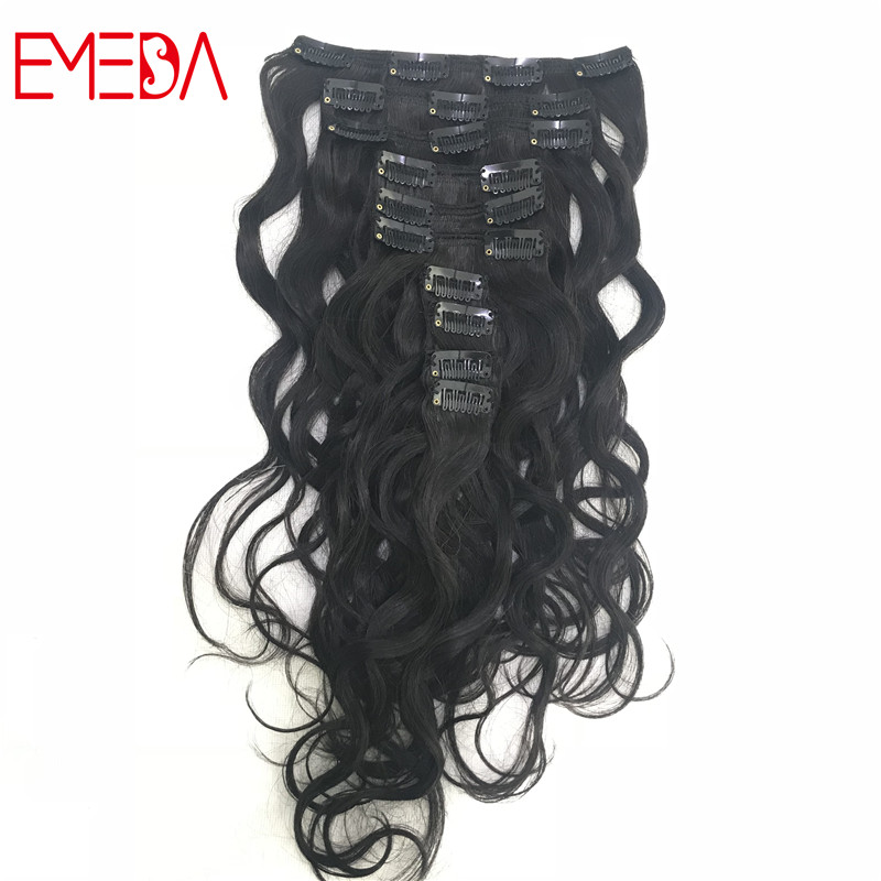 Natural virgin human hair clip in hair extensions for black woman girls body wave wavy YJ305